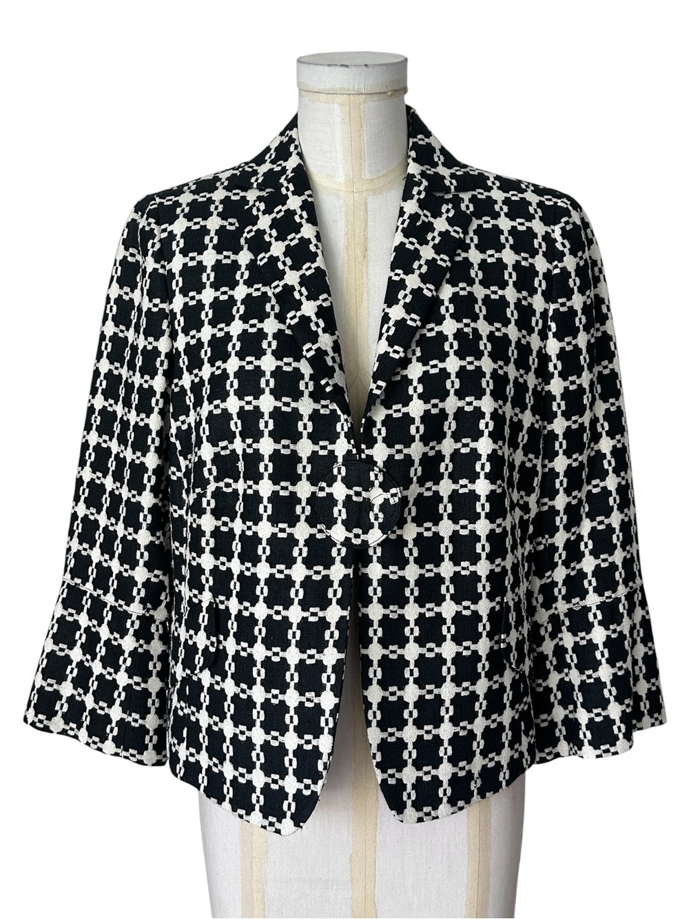 Akris Punto Women's Plaid Bell Sleeve Silk Blazer Jacket Black Cream Career 12